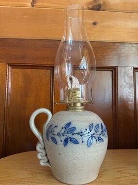 Salmon Falls Stoneware Pottery Oil Lamp - unused With Blueberry Vine Pattern